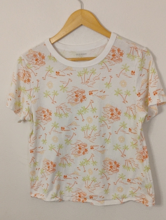 Old Navy Tops - Old Navy White Short-Sleeve Tee with Orange and Light Green Tropical Print